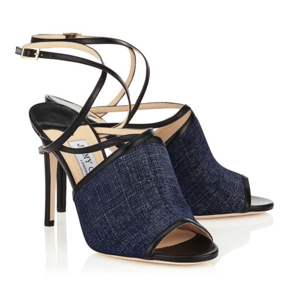 New JIMMY CHOO Flora Leather-trimmed Denim Sandals - Picture 2 of 8